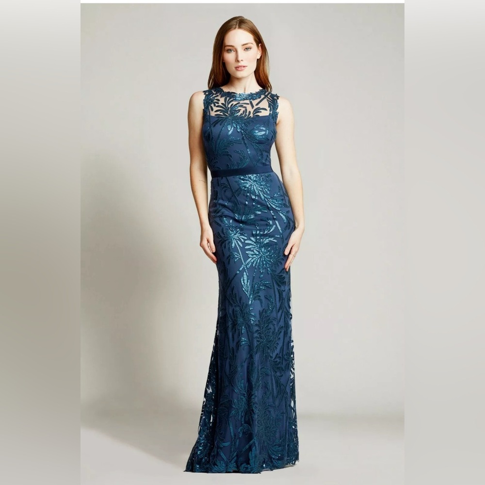 TADASHI SHOJI IWA ILLUSIONS YOKE SEQUIN PRUSSIAN BLUE GOWN DRESS 14